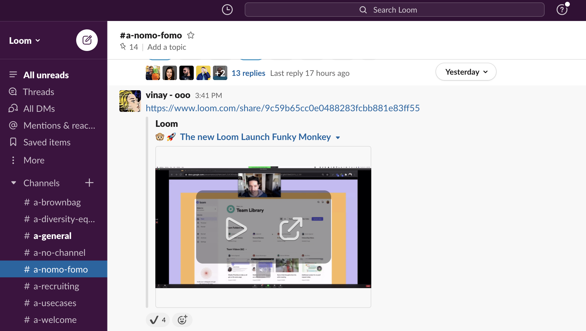 Screen shot Funky Monkey loom recording in Slack 