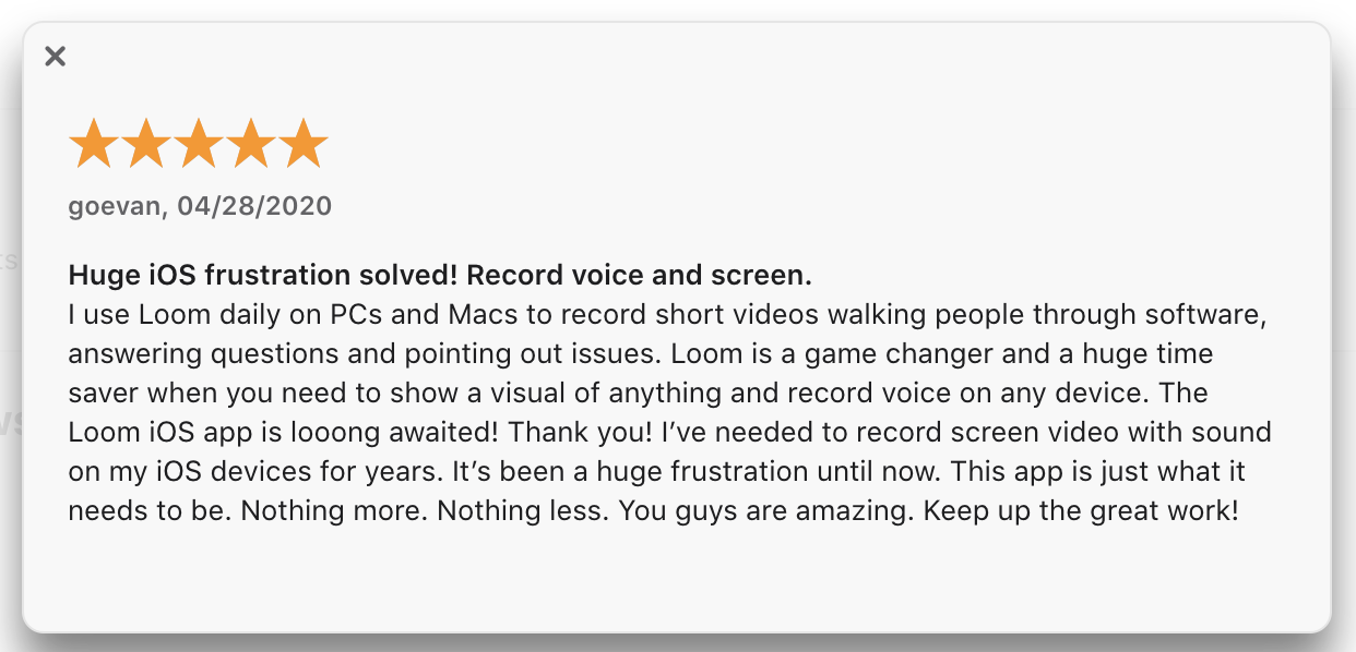 A screenshot of a Loom user review of the Loom for iOS app. 